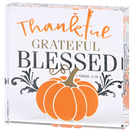 Tabletop Glass Plaque Pumpkin Thankful