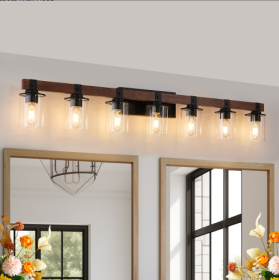 50 Rustic 7-Light Vanity Light, Industrial Bathroom Wall Sconce With Glass Shades And Wood Accent, Modern Farmhouse Lighting Fixture No Bulbs (Option: Walnut and black)