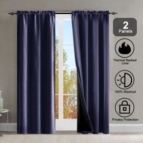 Rod Pocket Thermal Insulated with Coated Lining 52 in. W x 63 in. L Indoor Blackout Curtains (Set of 2) (Color: dark blue)
